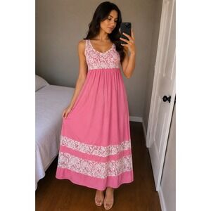 Amy Fashion Women‎ XL Pink White Floral Lace Scoop Neck Sleeveless Maxi Dress